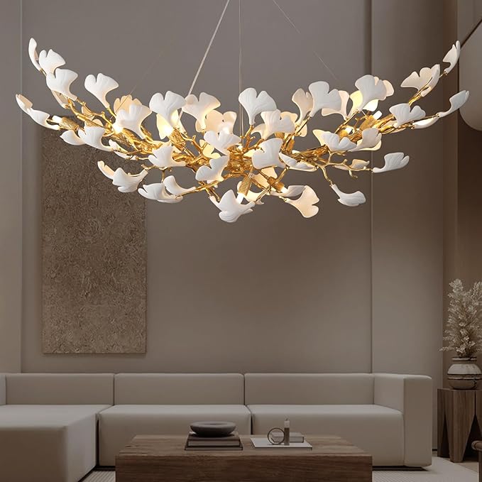 Modern Gold Leaf Chandelier for Dining Room, 55-inch Rectangle Ceramic Ginkgo Leaf Chandelier Over Table, Tree Branch Chandeliers for Living Room and Kitchen