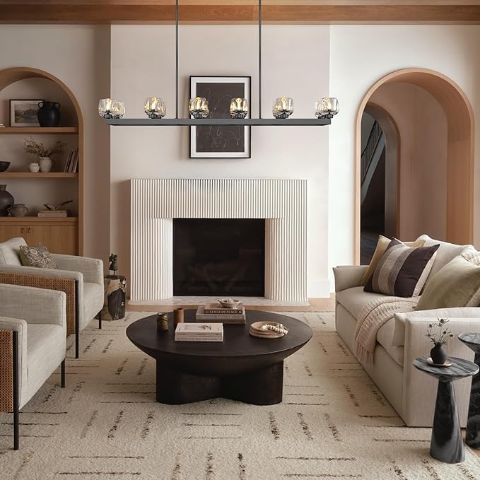 59 Inch Black Rectangle Wagon Wheel Chandeliers, Black Chandelier for Dining Room Over Table, Modern Crystal Long Chandelier, Farmhouse Large Linear Chandeliers for Kitchen Island