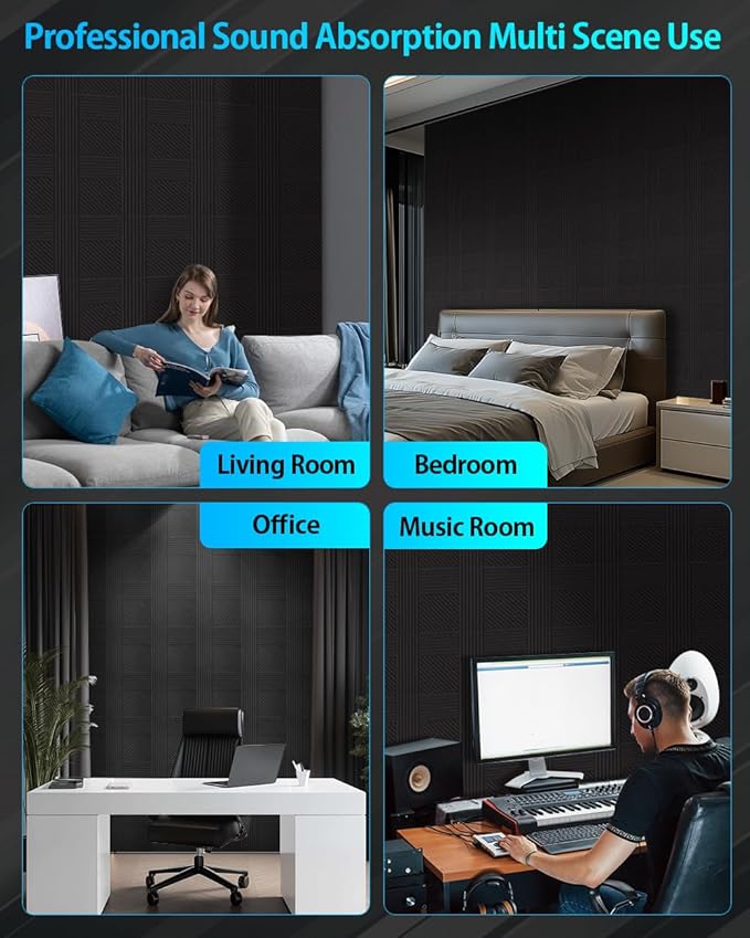 12 Pack Acoustic Wall Panels Self-Adhesive, 12" X 12" X 0.5" Decorative Acoustic Panels, Soundproof Wall Panels for Studio, Home & Living Room, Polyester - Rectangle Black