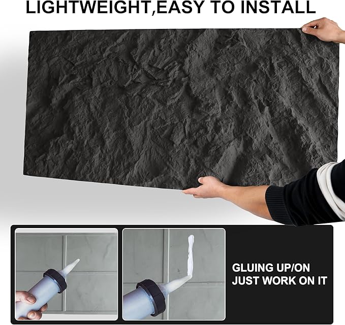 KASARO 3D Faux Stone Wall Panels, 4 PCS PU Wainscoting Panel for Interior Wall Decor, Cement Texture Thicker Accent for Home, Office, 43.3 × 23.6 inch, Black