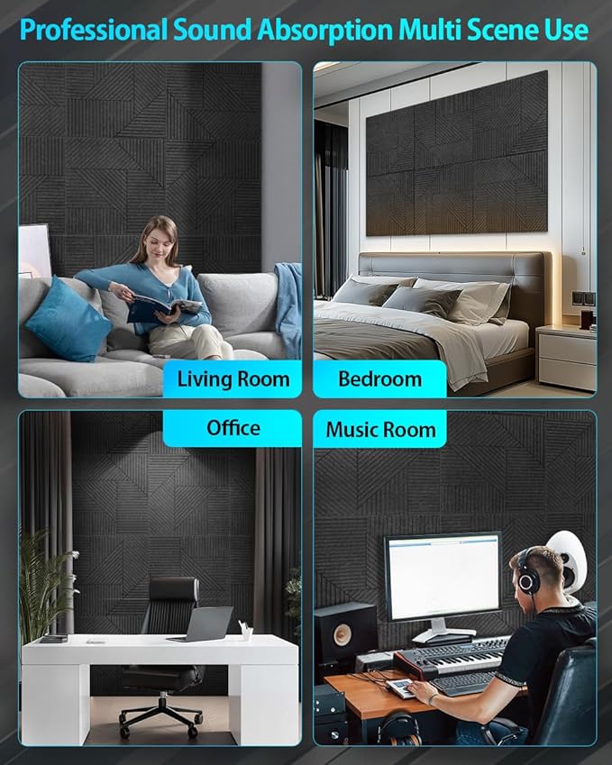 6 Pack Acoustic Wall Panels Self-Adhesive, 23.6" X 23.6" X 0.5" Decorative Acoustic Panels, Soundproof Wall Panels for Studio, Home & Living Room, Polyester - Grille Black