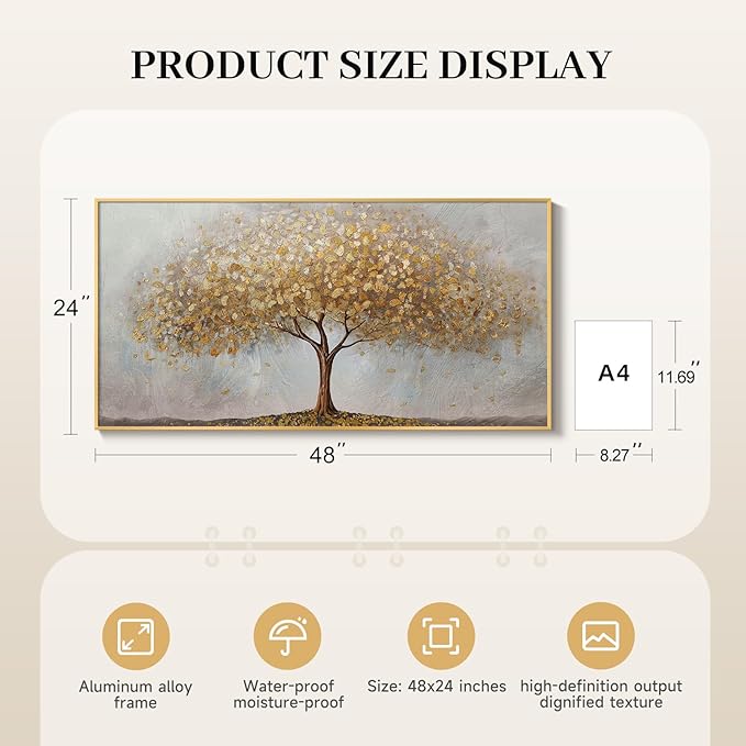 Large Framed Tree of Life Gold Wall Art, Modern Canvas Prints Paintings Artwork for Walls, Luxury Golden Big Tree Pictures for Bedroom Dining Room Fireplace Office Living Room Wall Decor