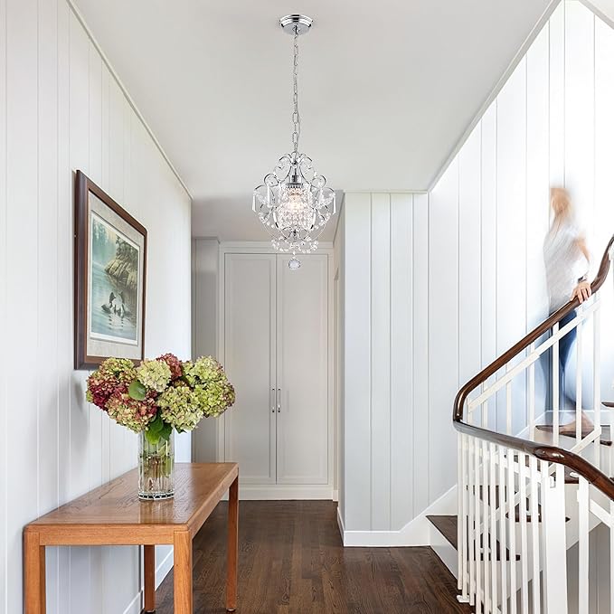 Mini Chandelier Light Fixture,Modern Chrome Crystal Ceiling Light Fixtures 1 Light Small Chandeliers for Bathroom,Farmhouse Pendant Lighting for Girls Room Dining Room Closet Kitchen Island