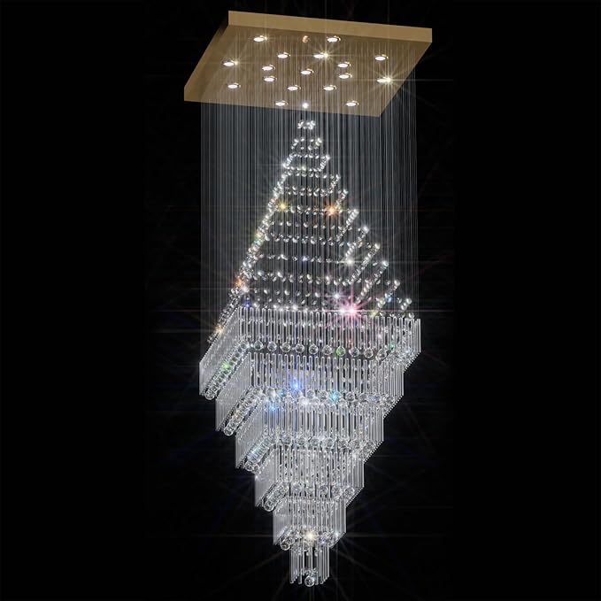 Flashing God D48''X H120'' Extra Large Chandeliers for High Ceilings Square Crystal Raindrop Gold Chandeliers Large Villa Chandelier Entrance Foyer Ceiling Light LED Dimmable 2700K-6000K