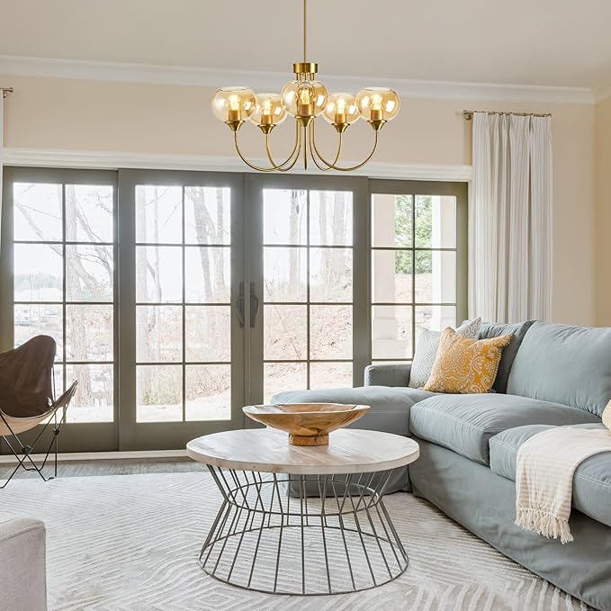Mid Century Modern Globe Chandelier 5 Light Amber Glass Vintage Sputnik Chandeliers Gold Pendant Light Fixtures for Dining Room Kitchen Living Room Bedroom