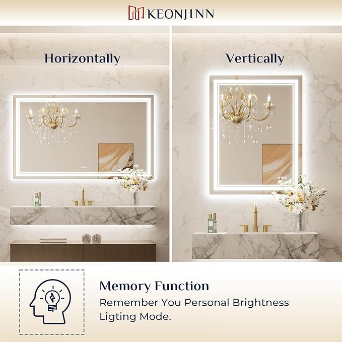 Keonjinn LED Bathroom Mirror 60" x 30" with Frontlit and Backlit, Tempered Glass Stepless 3 Colors Temperature & Dimmable Large Vanity Mirror, UL Listed LED Driver, Double Lights, Anti-Fog Wall Mirror