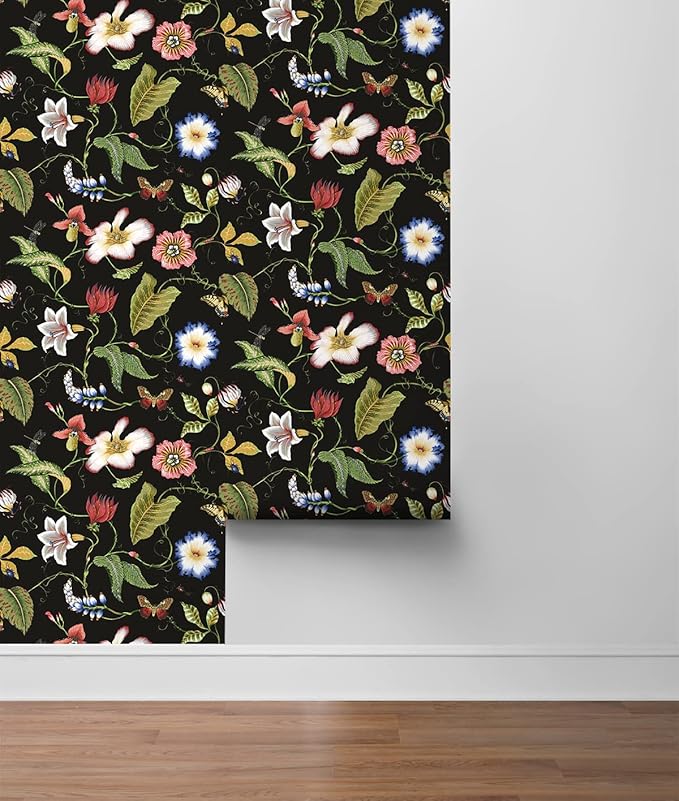NextWall Summer Garden Floral Peel and Stick Wallpaper (Jet Black)