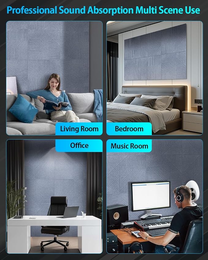 6 Pack Acoustic Wall Panels Self-Adhesive, 23.6" X 23.6" X 0.5" Decorative Acoustic Panels, Soundproof Wall Panels for Studio, Home & Living Room, Polyester - Grille Light Cement Gray