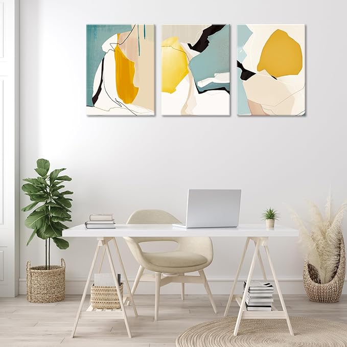 Abstract Wall Art Set of 3 – Modern Mid Century Canvas poster Prints with Geometric Shapes, Minimalist Yellow Teal Beige Artwork for Living Room, Bedroom, Office, Bathroom Wall Décor,Frame 16x24in