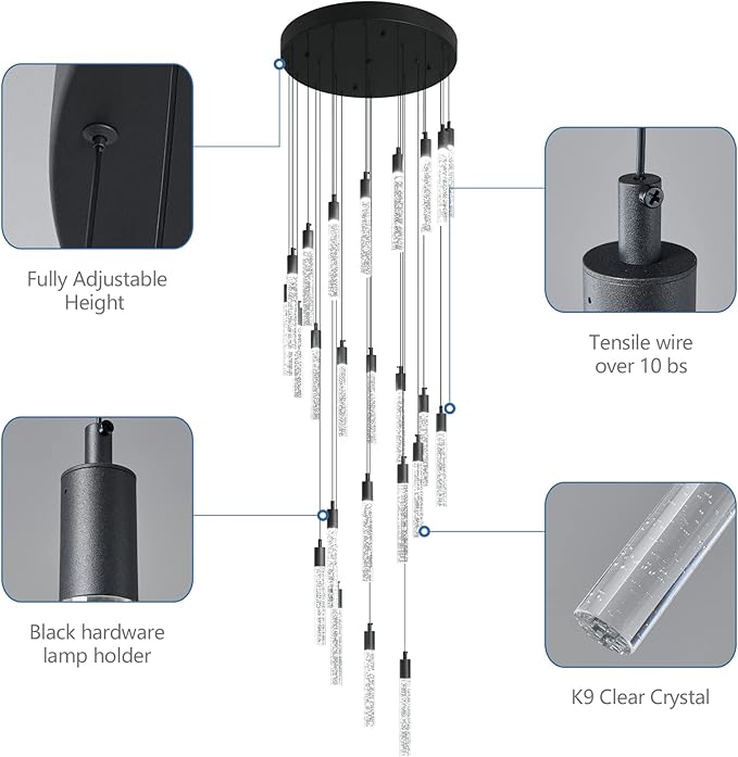 24-Light Modern Living Room Chandelier Black Crystal Ceiling Pendant Lights LED Dimmable 144W 6000K Staircase Large Chandeliers for Entryway Lobby Foyer High Ceiling Chandeliers