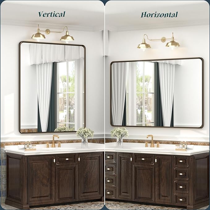 OKPAL 44x36 Bronze Bathroom Vanity Mirror, Brushed Metal Framed Bathroom Mirror, Rounded Bronze Rectangle Mirror for Farmhouse, Bedroom, Anti-Rust (Horizontal/Vertical)