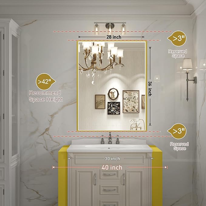 36x28 Inch LED Bathroom Mirror with Light,Gold Metal Frame Lighted Vanity Mirror, Anti Fog Design&Dimmable&Touch Switch