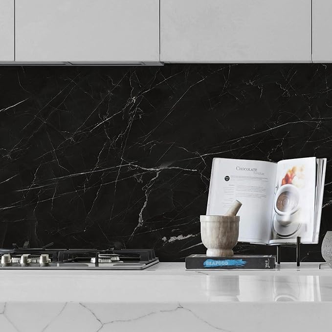 Marble Peel and Stick Waterproof Wall Paneling, 118" x 47" Black Marquina Glossy Finish Self-Adhesive Backsplash Tile Vinyl Wall Panel for Kitchen Bathroom Wall Decor, Covers 38.75 Sq. Ft.