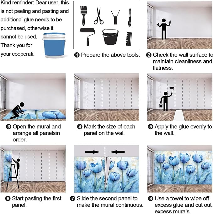 Blue Flowers Mural Wallpaper, Watercolor Flowers Murals, European Simple Wall Art Murals Wallpaper for Living Room Bedroom Home Decor Mural - 110" W x 103" H (Not Peel Stick)