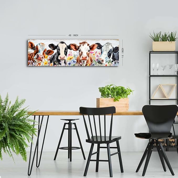 Country Cow Canvas Wall Art Kitchen Wall Decor Vintage Funny Cattle Flowers Picture Prints Rustic Farmhouse Painting Framed Colorful Wildflower Poster for Living Room Bedroom Decorations 14x48"