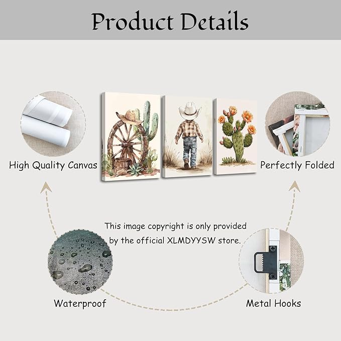 XLMDYYSW Western Cowboy Wall Art Set of 3 Nursery Canvas Prints Cactus Desert Poster Picture Cowboy Hats Paintings for Baby Boys Bedroom Children Decor Framed (Brown, 12.00" x 16.00" x 3PCS)