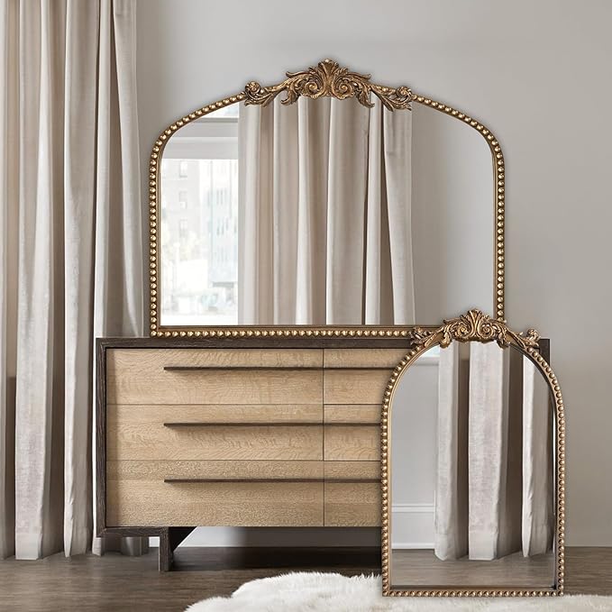 Baroque Arch Mirror for Living Room Wall, 36" X 30" Antique Gold Traditional Cathedral Ornate Beaded Arched Frame Decorative Vanity Mirrors for Mantel Fireplace, Bathroom, Bedroom Decor