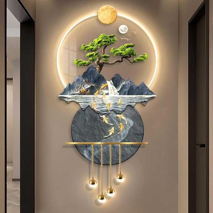 3D Art Wall Decor, Wall Sculptures Hanging Painting Koi Fish Welcoming Pine Wall Art Decoration Lamp,Oriental Decor Traditional Chinese Feng Shui Wall Hanging Painting,Wireless Remote Control