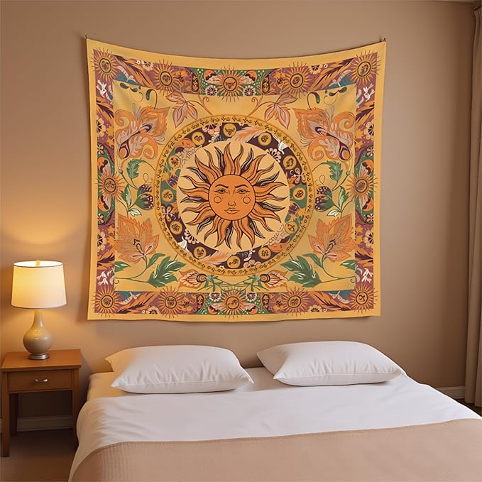 Boho Sun Tapestry Vintage Yellow Tapestry Retro Sunflowers Aesthetic Easy Installation HD Digital Print Wall Hanging for Bedroom Living Room Dorm Home Decor(Organe Sun, 50"x60")