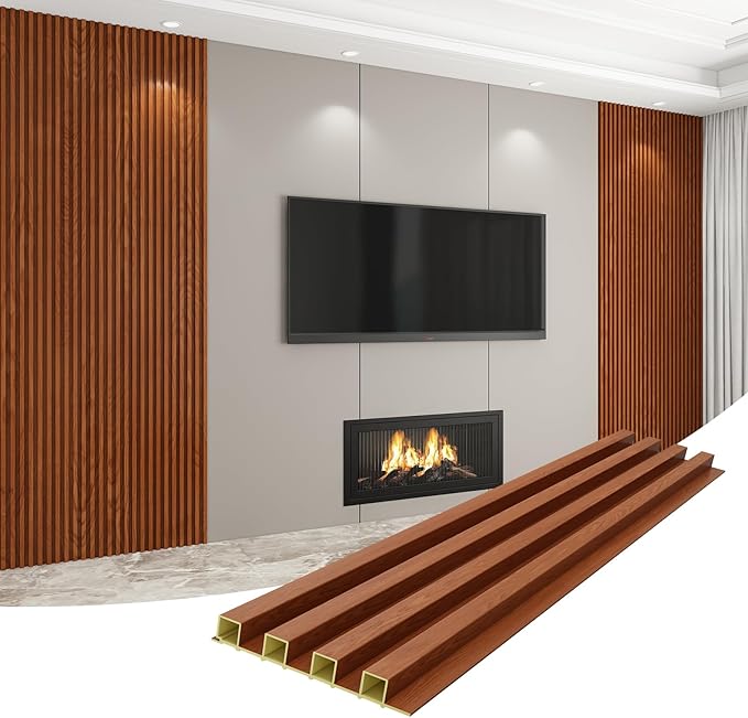 8-Pack WPC Wall Panels 118’’ x 6.1’’ 3D Slat Wall Panel Acoustic Wall Paneling for Interior Wall Decor TV Background Kitchen Bedroom Teak