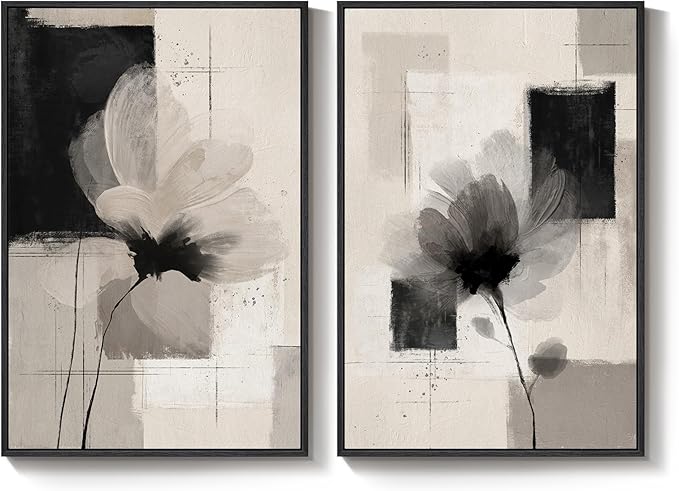 Large Framed Neutral Abstract Floral Wall Art, Set of 2 Black and Beige Modern Canvas Prints Paintings Artwork for Walls, Minimalist Pictures for Living Room, Dining Room, Bedroom Wall Decor 24x36 In