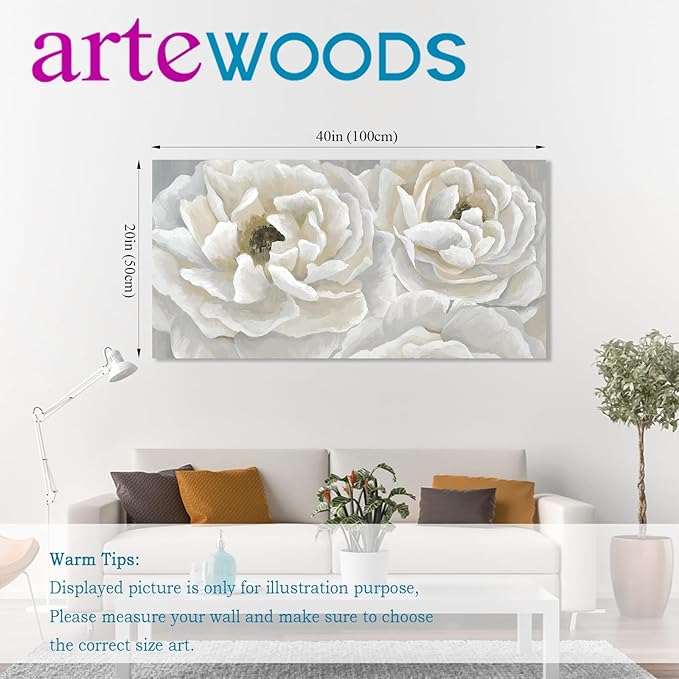 arteWOODS Cream White Flowers Wall Art - Soft Peony Pictures for Wall Decor Elegant Blossom Flower Painting Artwork Botanical Prints for Living Room Home Office Wall Decoration 20" x 40"