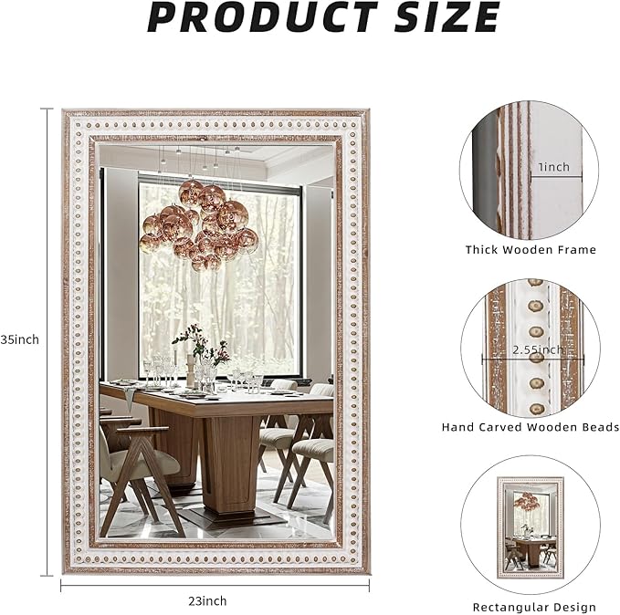 35x23'' Boho Wooden Rectangle Wall Mirror, Rustic Farmhouse Rectangular Mirrors for Bathroom, Bedroom, Living Room, Entryway Decorative - Vertical or Horizontal Hanging