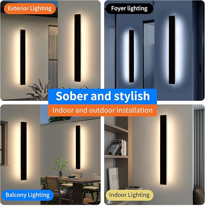 Mikeru Upgraded 2 Pack 57" Modern Outdoor Wall Sconce, 4.3" Wide IP65 Waterproof Exterior Light Fixtures Cover US Junction Box, 3000K/4500K/6000K 3-Color Temp LED Porch Lights for Garage, Patio