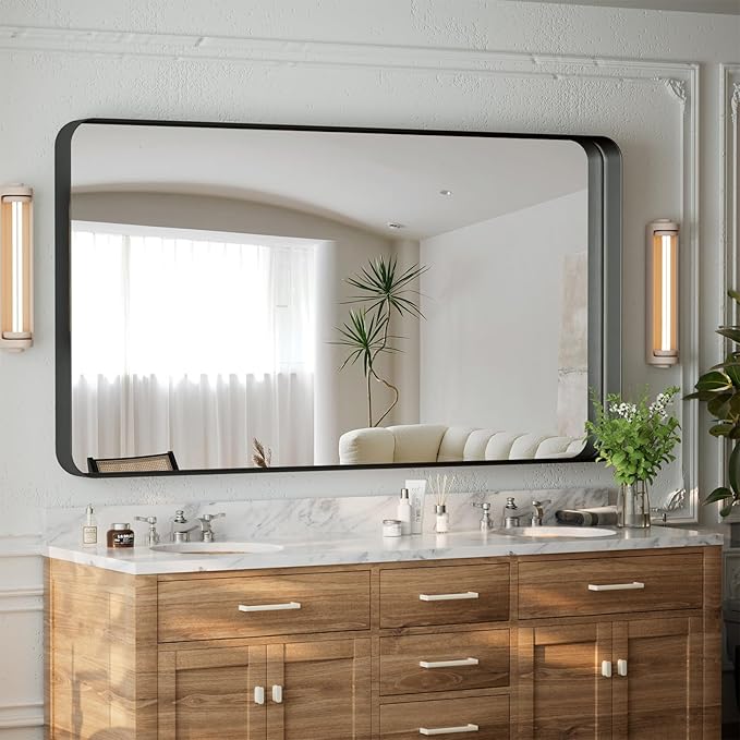 55"x 30" Black Bathroom Mirror - Aluminum Framed Wall Mirror, Bathroom Wall Mounted Vanity Mirror, Modern Bathroom Mirror, Bedroom, Living Room Wall Mirror, Hang Horizontally or Vertically