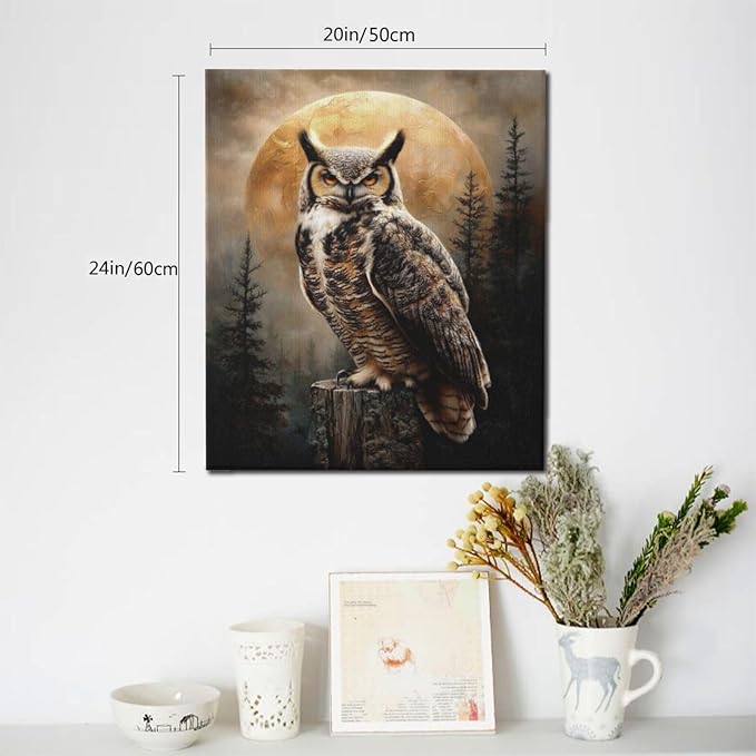 Cabin Owl Wall Art Moon and Forest Canvas Wall Decor Rustic Animal Pictures Paintings Prints Mystical Wildlife Artwork Framed Decorations For Bathroom Bedroom Living Room Office Gifts 20" x 24"