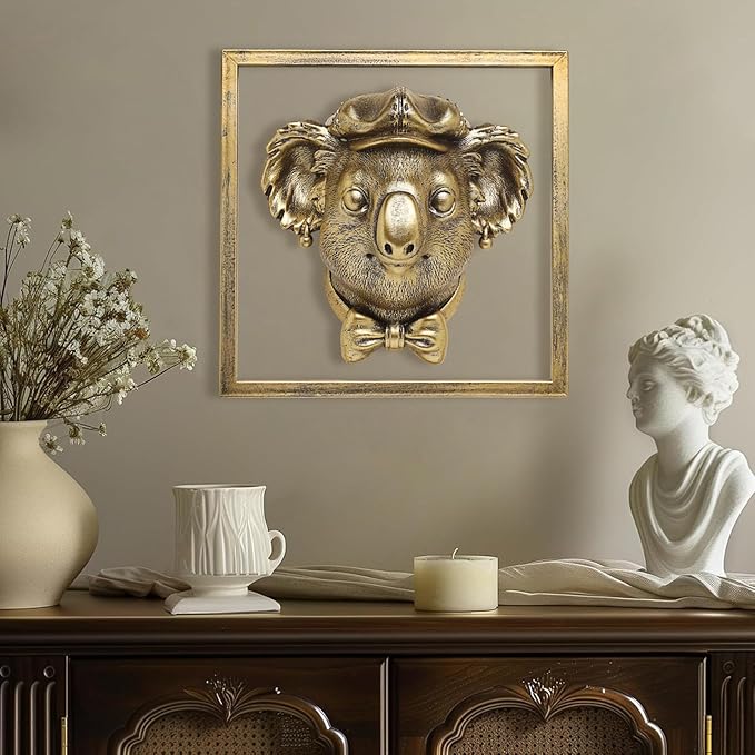 Animal Heads Wall Decor (Includes Metal Frame) Resin Animals Sculptures Head Wall Hanging Decoration Gold vintage Wall Sculpture for Living Room Bedroom Office(Koala)
