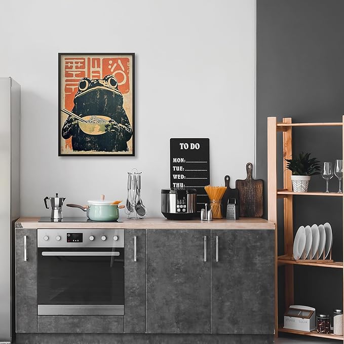 Black Framed Canvas Wall Art Posters Vintage Japanese Frog Prints Funny Frog Eating Ramen Unique Kitchen Decor Artwork 8x10 inch for dining Room Bedroom or Living Room Decoration