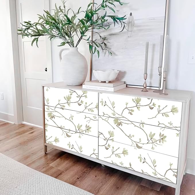 Modern Floral Peel and Stick Wallpaper Boho Green Leaf Branches Contact Paper for Cabinets Self-Adhesive Removable Wallpaper for Bedroom Farmhouse Contact Paper for Bathroom Waterproof 17.5" x 118"