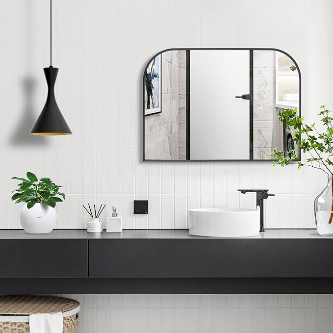 Black Wall Mirror 30" x 20", Modern Mantel Minimalist Home Decor, Brushed Black Metal Framed Arched Mirror for Living Room, Bedroom, Fireplace, Mantle, Entryway, Bathroom