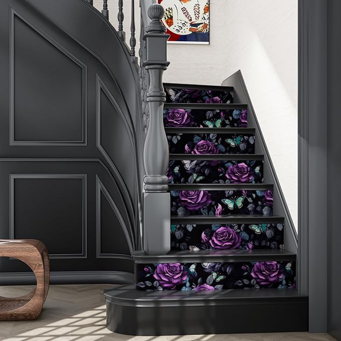 Black Foral Wallpaper Peel and Stick Dark Purple Rose Contact Paper 17.4" x 393", Waterproof Self-Adhesive Flower Butterfly Wall Paper for Bedroom Countertop Desk Cabinets Decor Renter Friendly