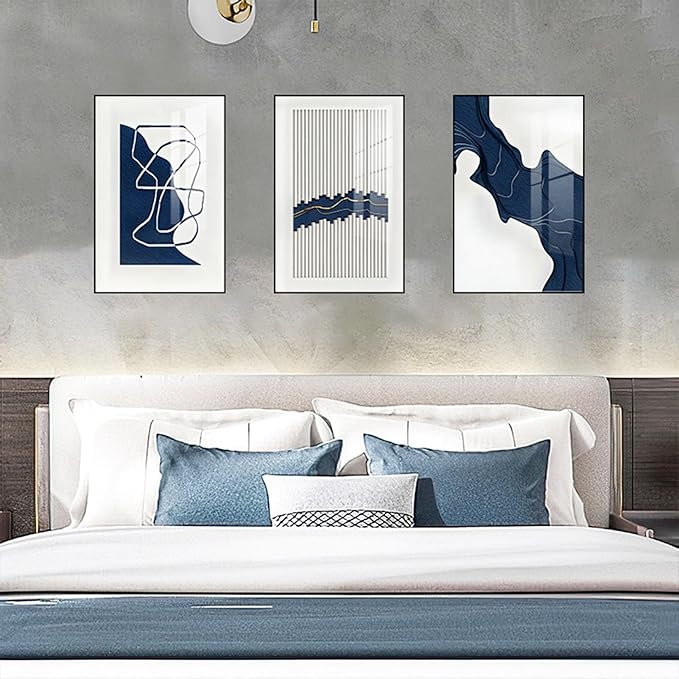ARTFEB Navy Blue Wall Art, Abstract Blue and White Painting Wall Art for Living Room Decor,Black Framed Wall Decor for Bedroom Bathroom Home Office, 24x32 inch,3 Piece