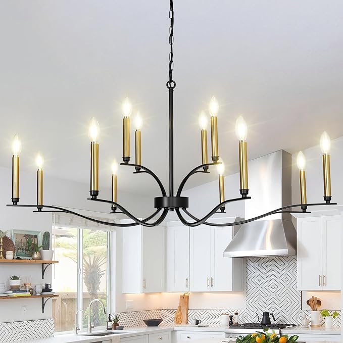 12-Light Black Chandeliers for Dining Room 39" Modern Farmhouse Chandelier Adjustable Height Candle Chandelier for Living Room Kitchen Foyer Entryway Hallway E12 Base