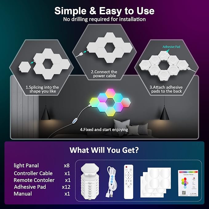 OJQ 8 Pack Hexagon Lights Wall RGB Panel - Hexagonal Led Lights Room Decor Wall Lights Smart APP Music with Sync Honeycomb Shape Panels Hexagon Gaming Night Lights for Bedroom Children