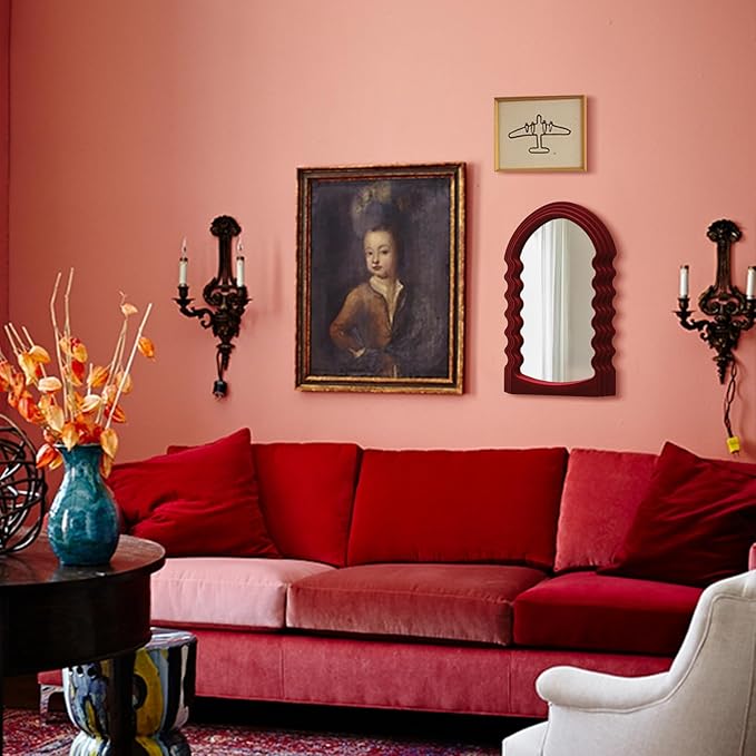 Mirror Wall Decor for Home Office Apartment, Colorful Decorative Mirror for Entryway Porch Fireplace, Irregular Hanging Wall Art Sculpture for Christmas (Wine Red)