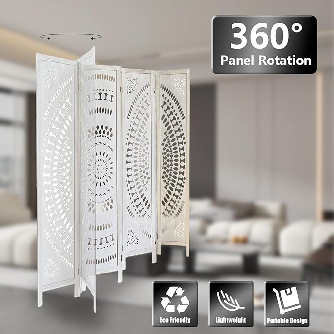 6 Panel Wood Room Divider Fully Assembled, Decorative Room Dividers and Folding Screens, 5.6Ft Room Divider Screen Freestanding Partition Wall Dividers for Home Bedroom Office, White