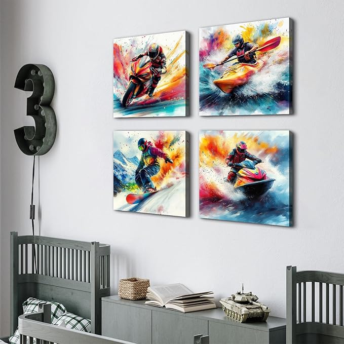 Leisure Sports Canvas Wall Art for Mens Bedroom Wall Decor Abstract Watercolor Skiing Surfing Pictures Colorful Jet Ski Athlete Framed Artwork Teenager Boys Room Decor Cool Home Decoration 16x16 4Pcs