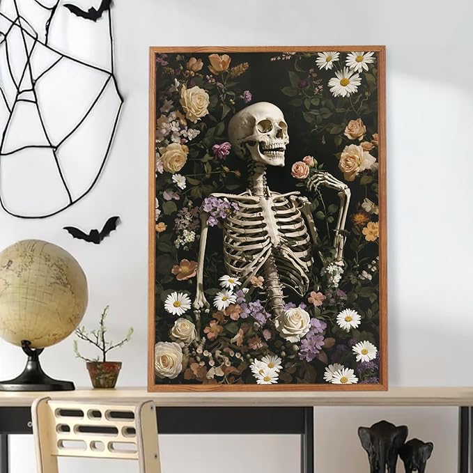 LHIUEM 16”X24”X3-Large Halloween Skeleton Canvas Wall Art Vintage Botanical Art Prints Skull Flowers Pictures Halloween Moody Dark Skull Framed Wall Decor Romantic Rose Spooky Artworks for home office