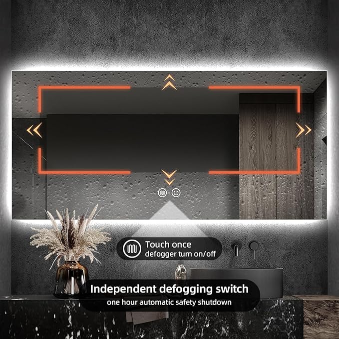 Backlit LED Bathroom Mirror, Infrared Motion Sensor Vanity Mirror with 3-Color Lights, Stepless Dimmable Wall Lighted Mirror with Anti-Fog, Memory, Rectangular (36" L x 72" W)