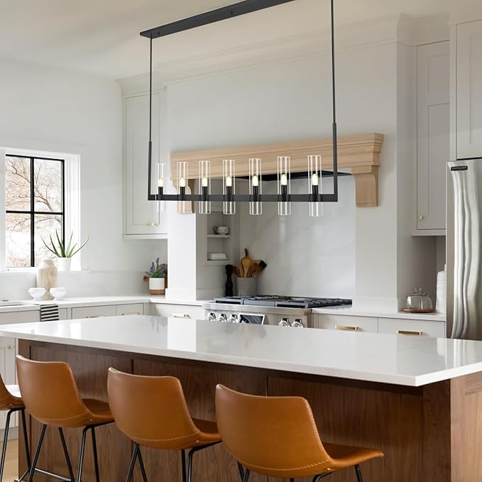 Modern Black Linear Chandelier 59 in,Linear Chandeliers for Dining Room 7 Light, Adjustable Rod Glass Linear Chandelier Over Dining Table, Kitchen Island, Includes Bulbs
