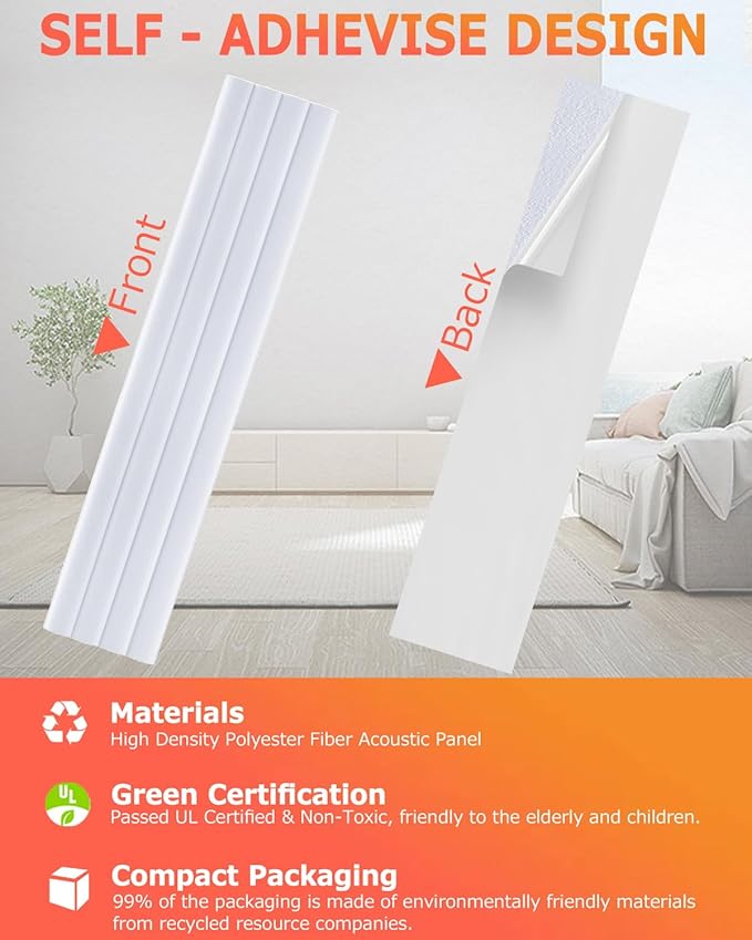 BUBOS 6 Pack Large Acoustic Panels,47.2"x11"3D Wave Pattern Acoustical Wall Panels,Self-Adhesive Sound Proof Panels for Walls,Decorative Soundproof Panels for Recording Studio&Office (White 01)