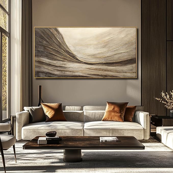 Modern Abstract Wall Art with Frame Brown and Grey Painting Wave Poster Line Canvas for Living Room Bedroom Textured Home Decor 24x48 Inch