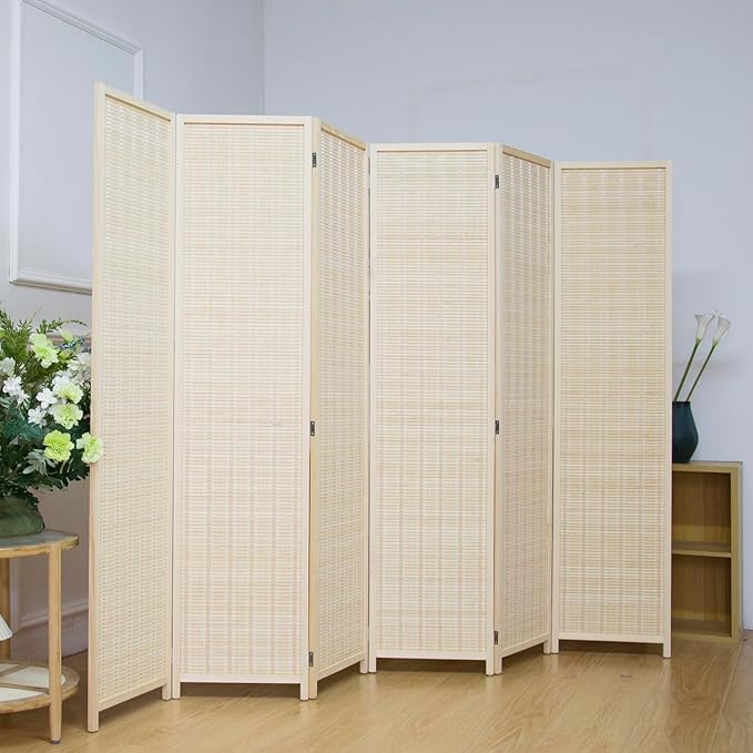 6 Panel Bamboo Room Divider, 5.6 FT Tall Folding Privacy Screen, Freestanding for Room Separation, Beige