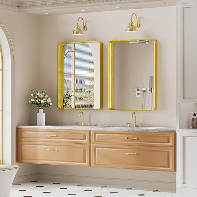 Koonmi Bathroom Mirror 22x30 Inch Wall Mounted Mirror Metal Deep Framed Rounded Corner Wall Mirror, Shatterproof Tempered Glass for Farmhouse Bedroom Vanity, Vertically or Horizontally, Gold