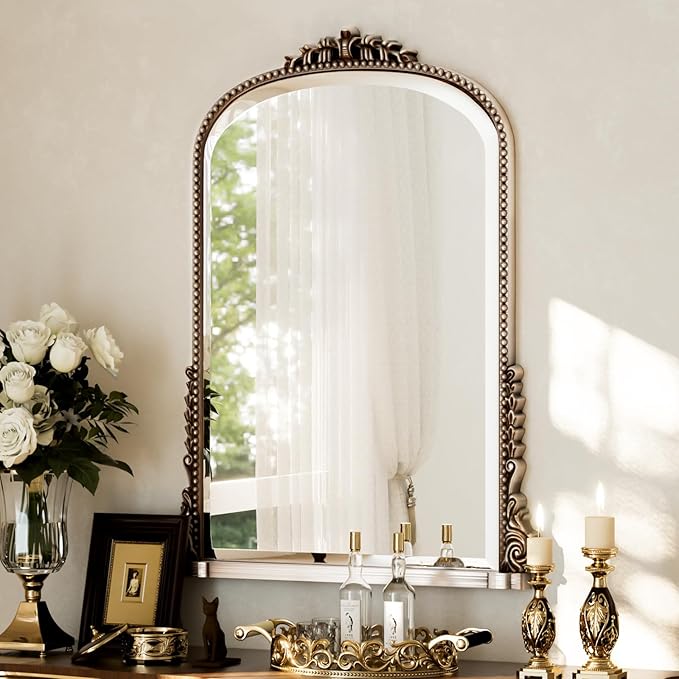 40x28 Beaded Arched Mirror, Bathroom Mirror for Over Sink, Metal Frame Wall Decor for Entryway, Bedroom, Living Room, Silver