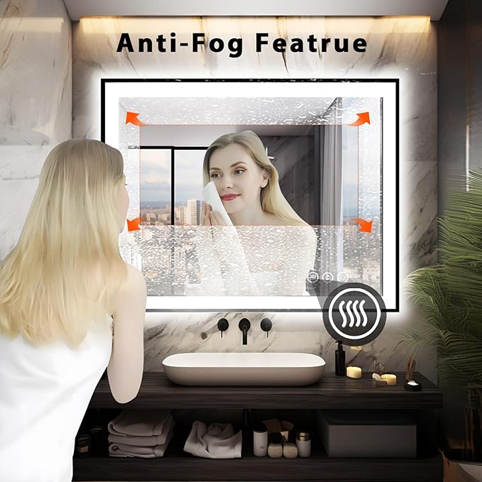 40x32 Bathroom LED Mirror, Black Aluminum Edge Lighted Mirror, 3 Colors Stepless Dimmable Vanity Mirror, Skincare, Anti-Fog, Shatter-Proof, ETL Listed, Memory Smart Mirror(Horizontal/Vertical)